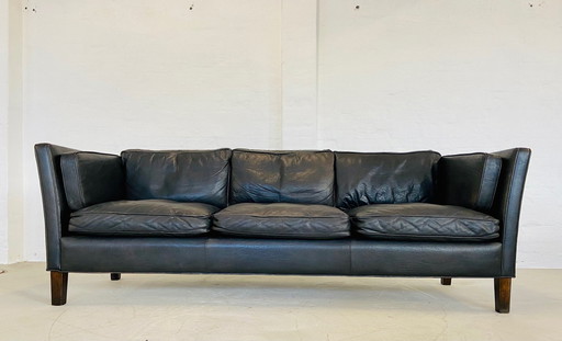 Deense Mid Century Vintage Mogens Hansen Zwart Leren Sofa