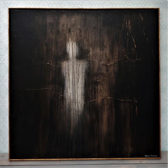 Image 1 of Frances Eckhardt - donker figuratief schilderij 90x90 cm  + lijst