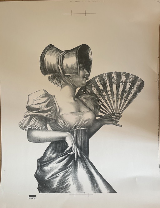 Onbekend, Lithografie, Dame met waaier,