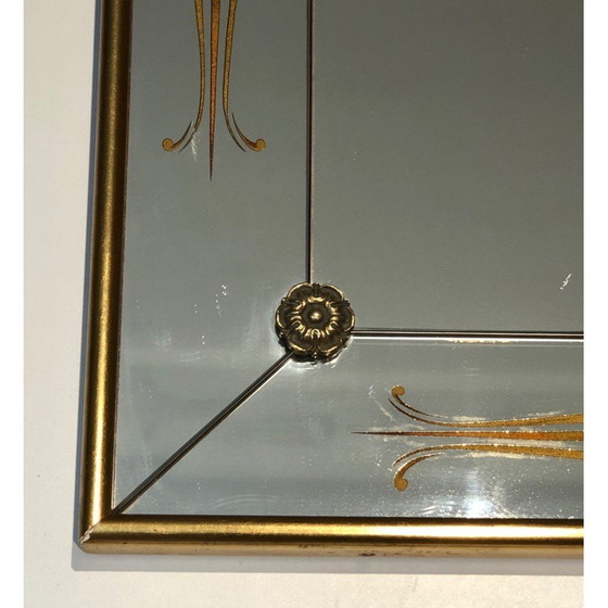 Image 1 of Vintage spiegel gegraveerd met gouden en rode decoraties, 1970