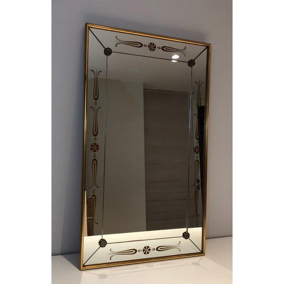 Image 1 of Vintage spiegel gegraveerd met gouden en rode decoraties, 1970