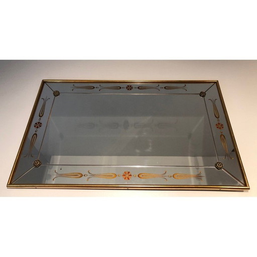 Vintage spiegel gegraveerd met gouden en rode decoraties, 1970