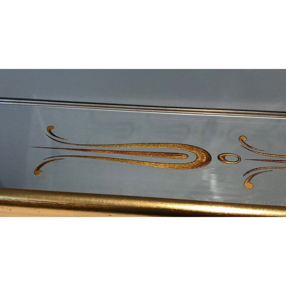Image 1 of Vintage spiegel gegraveerd met gouden en rode decoraties, 1970