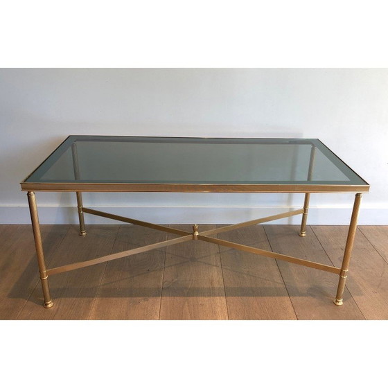 Image 1 of Vintage verguld metalen salontafel met blauw glazen blad, 1940