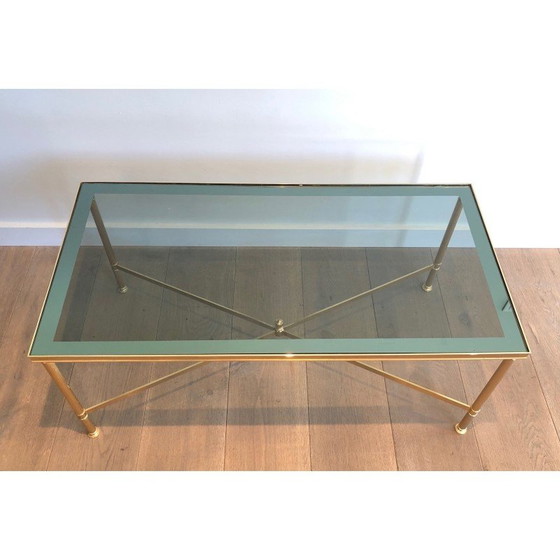 Image 1 of Vintage verguld metalen salontafel met blauw glazen blad, 1940