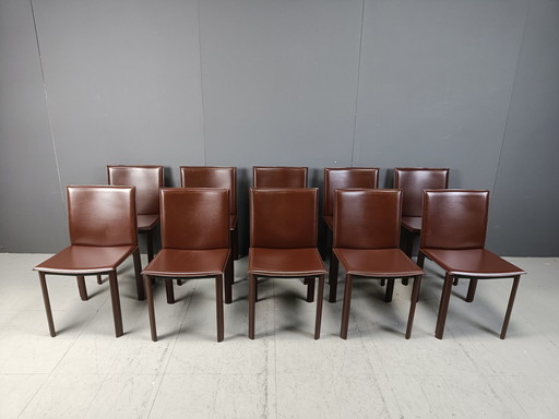 Vintage bruine leren eetkamerstoelen, set van 10