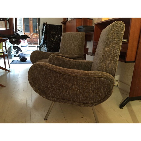 Image 1 of Paar Italiaanse fauteuils in metala dn grijze stof - jaren 1960