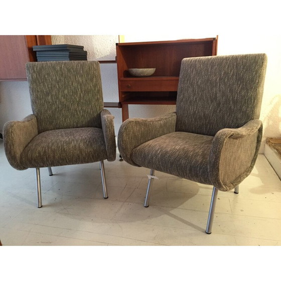Image 1 of Paar Italiaanse fauteuils in metala dn grijze stof - jaren 1960