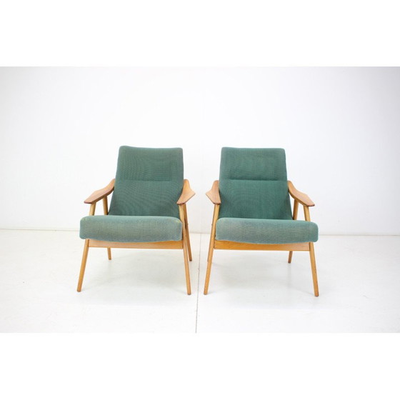 Image 1 of Paar houten en stoffen fauteuils uit de Mid Century, Tsjecho-Slowakije 1960