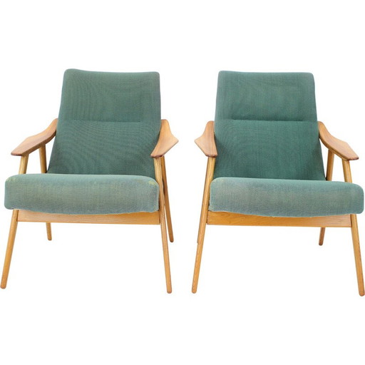 Paar houten en stoffen fauteuils uit de Mid Century, Tsjecho-Slowakije 1960