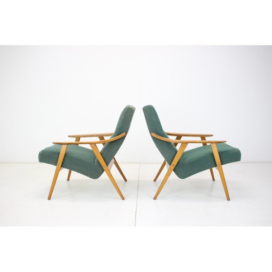 Image 1 of Paar houten en stoffen fauteuils uit de Mid Century, Tsjecho-Slowakije 1960