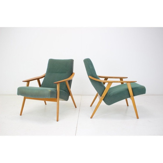 Image 1 of Paar houten en stoffen fauteuils uit de Mid Century, Tsjecho-Slowakije 1960