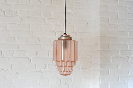 Art Deco Oud Roze Glazen Skyscraper Hanglamp