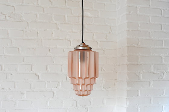 Image 1 of Art Deco Oud Roze Glazen Skyscraper Hanglamp