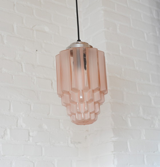 Image 1 of Art Deco Oud Roze Glazen Skyscraper Hanglamp