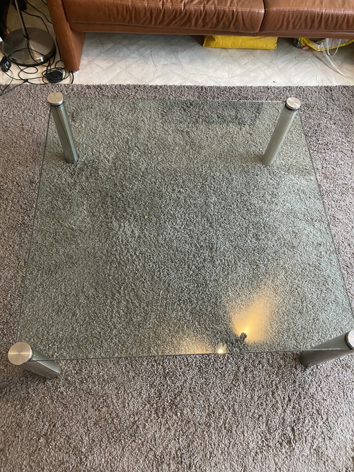 Design Salontafel Merk Onbekend. Glas En Staal. Formaat 100 X 100 Cm Krasvrij 