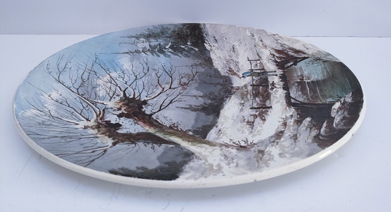 Image 1 of Groot decoratief bord Winterlandschap Porselein Begin 20e eeuw