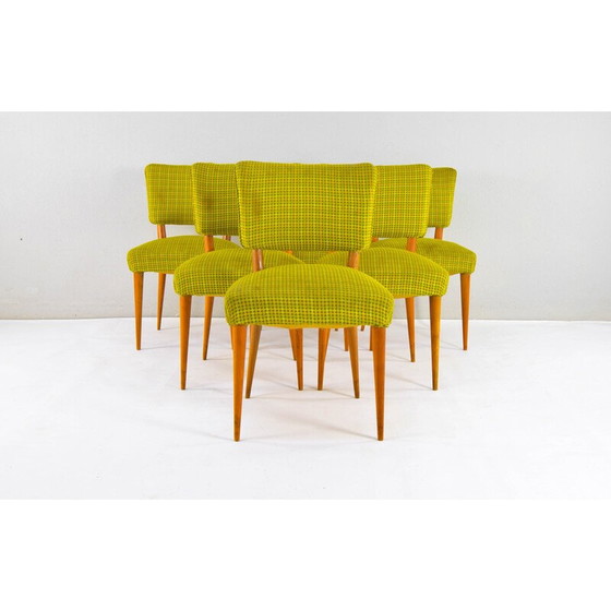 Image 1 of Set van 6 vintage Deense stoelen van teakhout en textiel, 1950