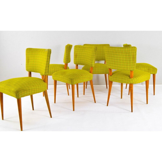 Image 1 of Set van 6 vintage Deense stoelen van teakhout en textiel, 1950