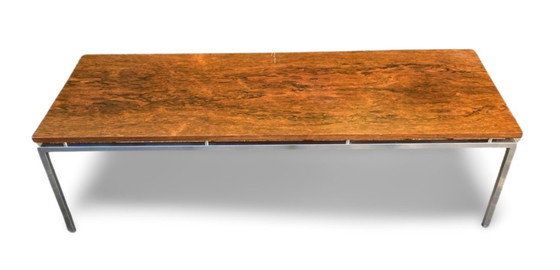 Image 1 of Lange Mid-Century Moderne Salontafel Met Chroom Stalen Frame En Teakhouten Blad