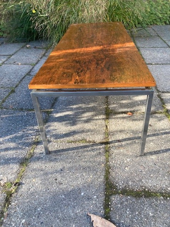 Image 1 of Lange Mid-Century Moderne Salontafel Met Chroom Stalen Frame En Teakhouten Blad