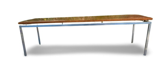 Image 1 of Lange Mid-Century Moderne Salontafel Met Chroom Stalen Frame En Teakhouten Blad