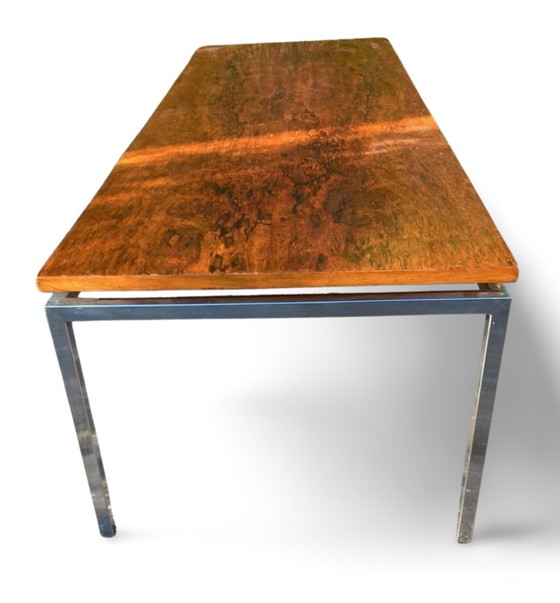 Image 1 of Lange Mid-Century Moderne Salontafel Met Chroom Stalen Frame En Teakhouten Blad