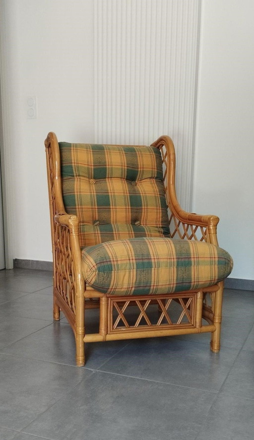 Vintage armstoel van bamboe en rotan, tweekleurige tartan kap