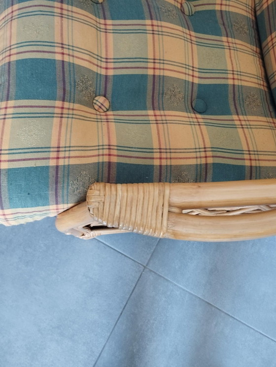 Image 1 of Vintage armstoel van bamboe en rotan, tweekleurige tartan kap