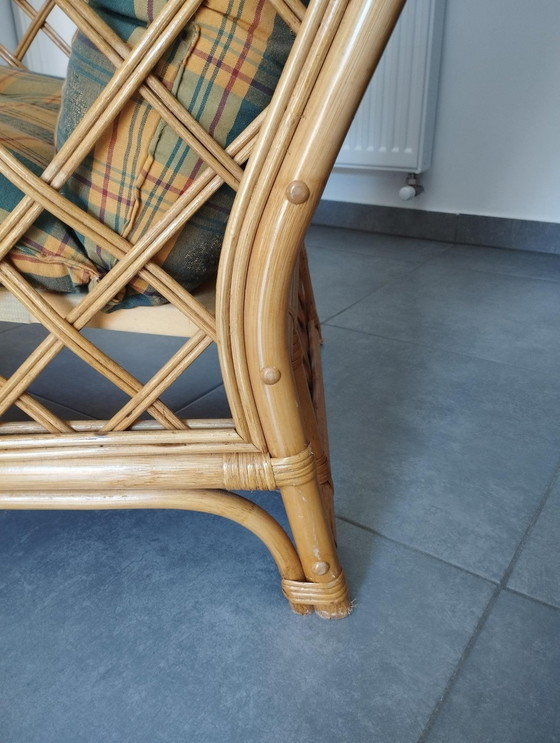 Image 1 of Vintage armstoel van bamboe en rotan, tweekleurige tartan kap