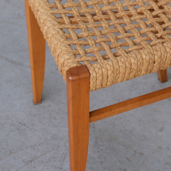 Image 1 of Set van 5 Franse mid-century eetkamerstoelen van touw en hout van Audoux-Minet, jaren 1960