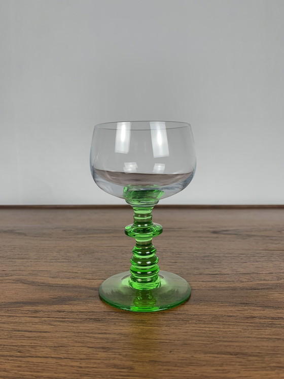 Image 1 of Set van 6 vintage wijnglazen met smaragdgroene steel