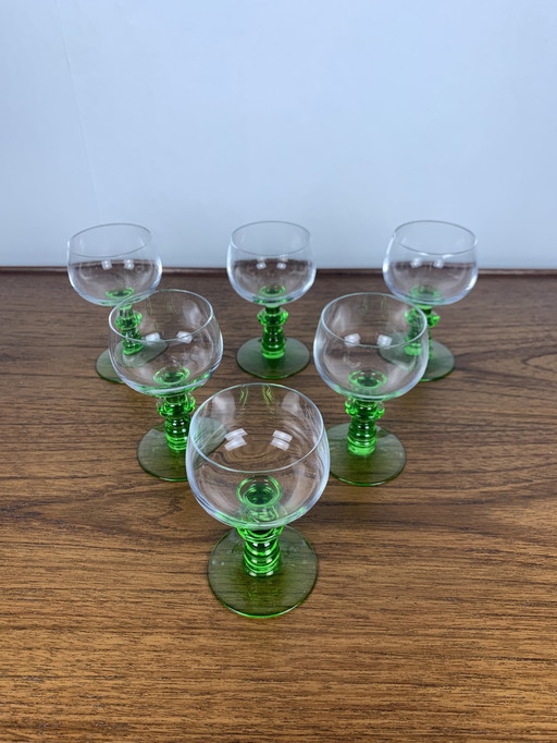 Set van 6 vintage wijnglazen met smaragdgroene steel