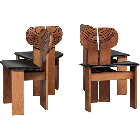 Image 1 of Set van 4 vintage "Africa" eetkamerstoelen in walnoot en leer voor Scarpa, Italië 1975