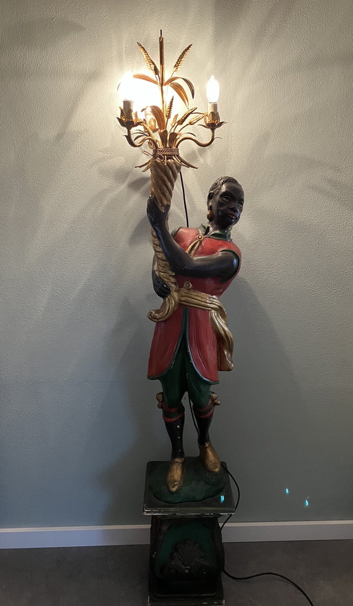 Blackamoor Vloerlamp, Antieke Houten Moor Lamp