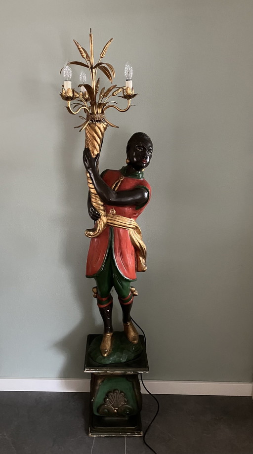 Blackamoor Vloerlamp, Antieke Houten Moor Lamp