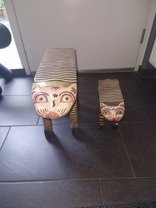 2x Vintage houten katten uit Mali