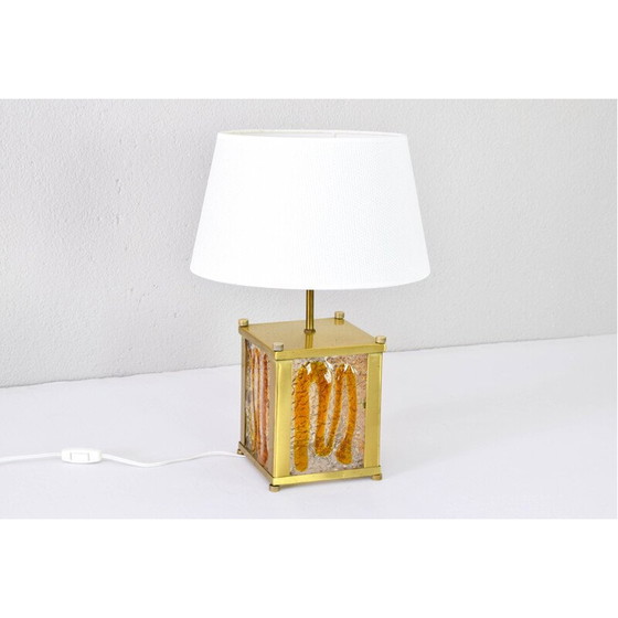Image 1 of Vintage amberkleurig Murano glas en messing Italiaanse Mazzega tafellamp van Toni Zuccheri