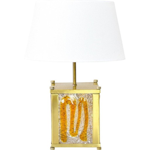 Vintage amberkleurig Murano glas en messing Italiaanse Mazzega tafellamp van Toni Zuccheri