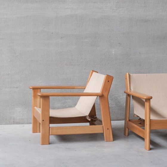 Image 1 of Set vintage stoelen van hout, leer en canvas, Frankrijk 1970