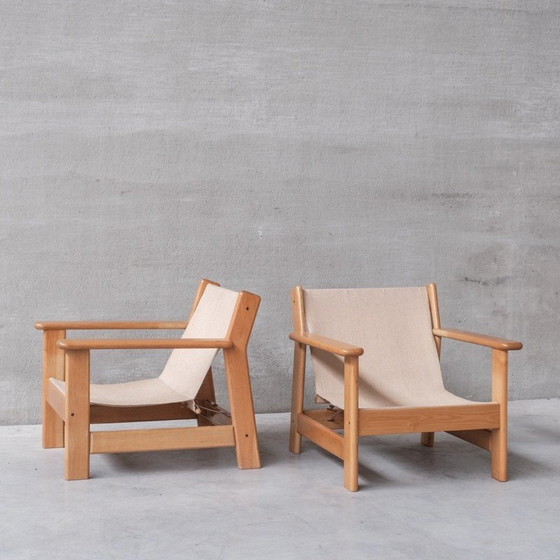 Image 1 of Set vintage stoelen van hout, leer en canvas, Frankrijk 1970