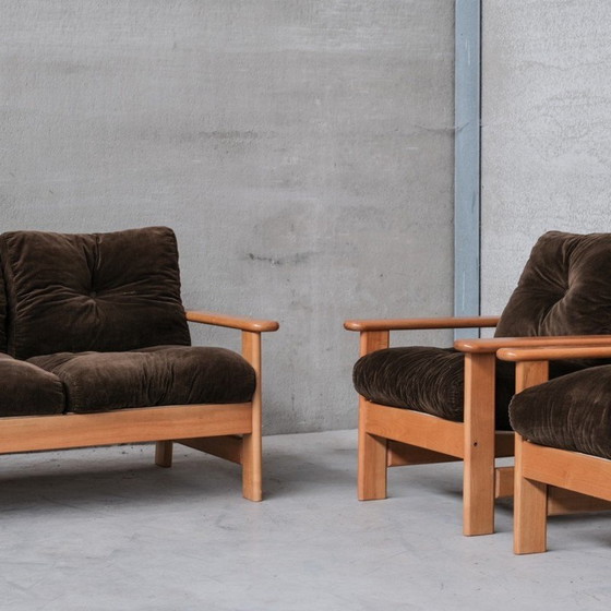 Image 1 of Set vintage stoelen van hout, leer en canvas, Frankrijk 1970