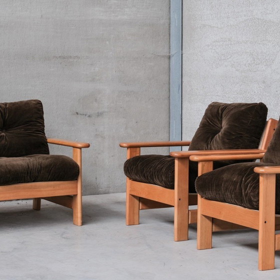 Image 1 of Set vintage stoelen van hout, leer en canvas, Frankrijk 1970