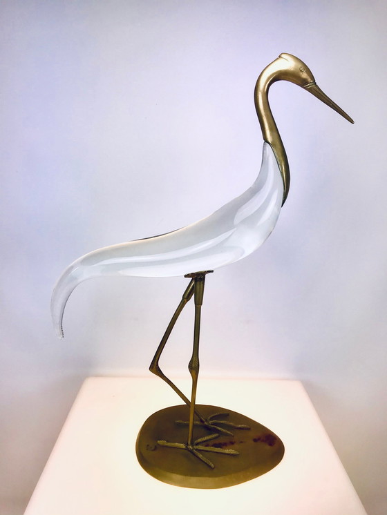 Image 1 of Luca Bojola Messing en Glas Sculpture van een "Reiger"