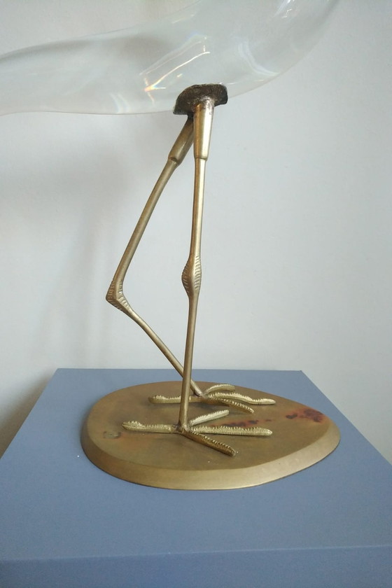 Image 1 of Luca Bojola Messing en Glas Sculpture van een "Reiger"