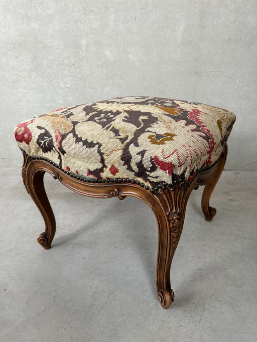 Antiek eiken ‘Louis XV’ voetenbank / poef (tapestry)