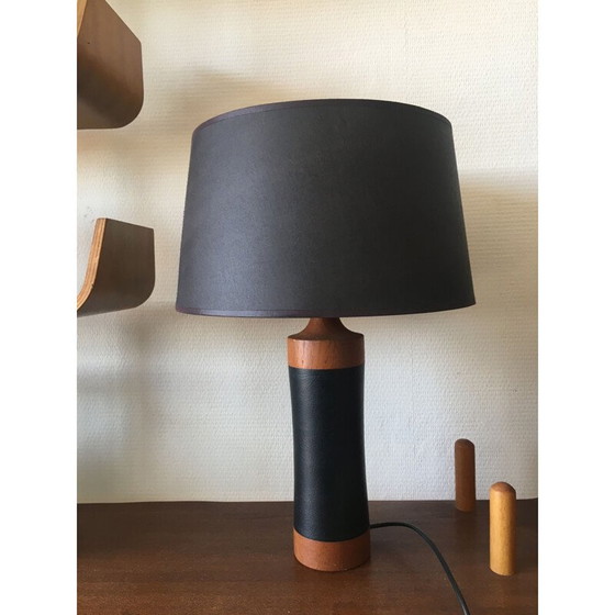 Image 1 of Tafellamp vintage Teak en Leer Mid Century, Scandinavisch 1950
