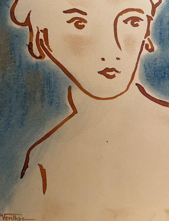 Image 1 of Schilderij Inkt en Pastel Portret Vrouw Art Deco