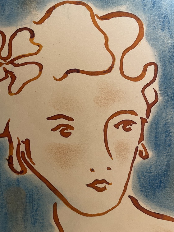 Image 1 of Schilderij Inkt en Pastel Portret Vrouw Art Deco