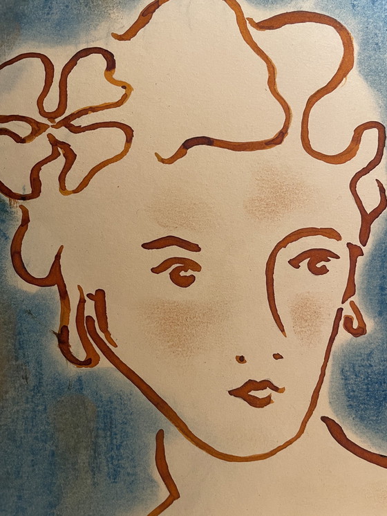 Image 1 of Schilderij Inkt en Pastel Portret Vrouw Art Deco